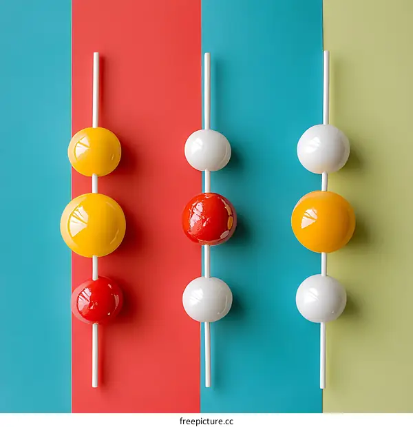 Colorful Round Objects on Sticks Against Multicolored Background
