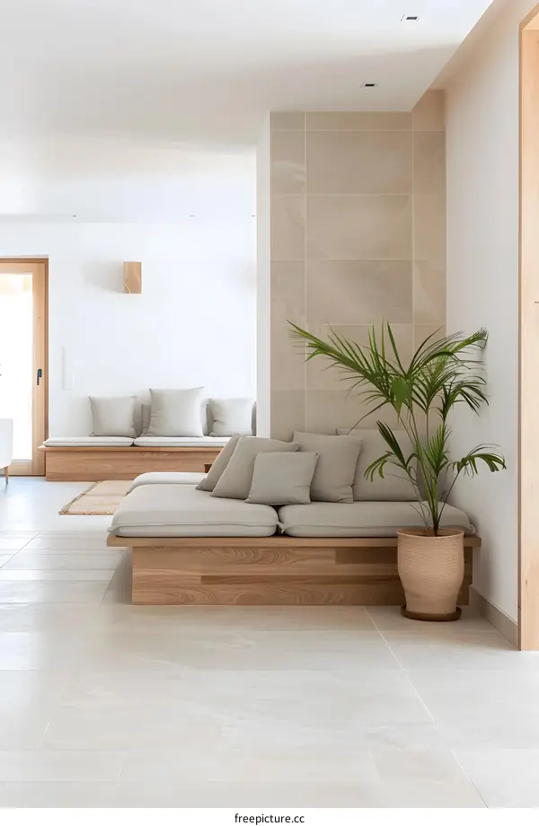 Minimalist Modern Living Room with Wooden Sofa and Palm Plant