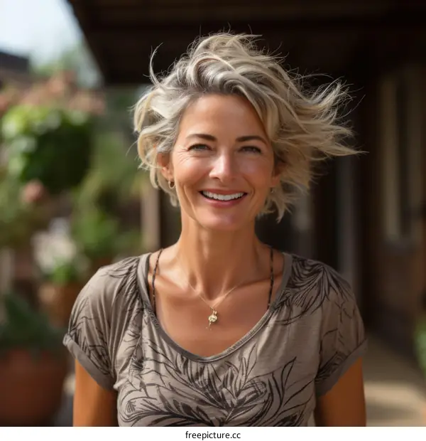 Portrait of a smiling woman with short blonde hair
