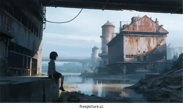 A lonely child sits by a rusty industrial building near a river