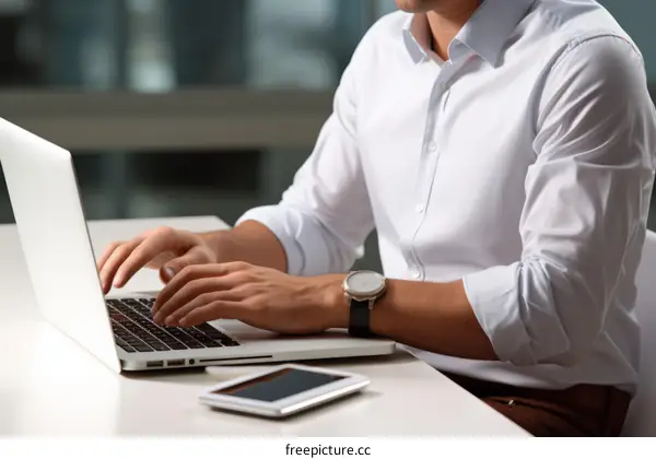 Businessman working on laptop in office
