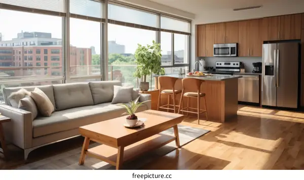 A Modern Living Room with Large Kitchen and City View