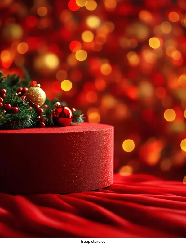 Red Christmas Gift Box Decorated with Christmas Ornaments