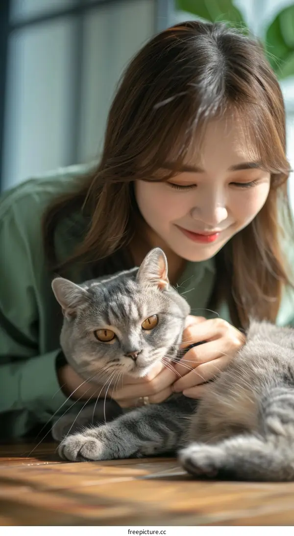 A young woman is petting a gray cat