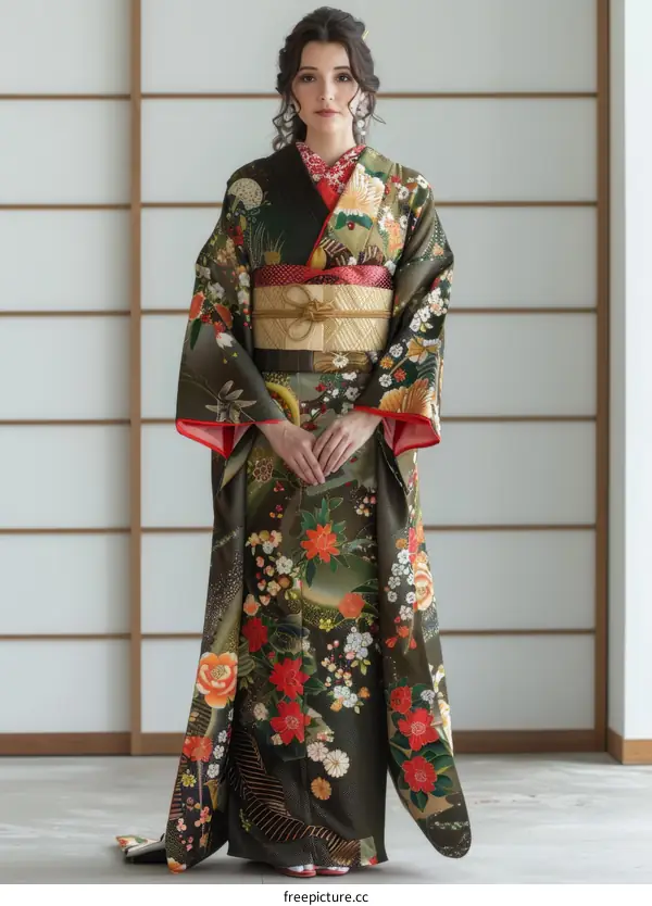 A woman wearing a kimono with a floral pattern