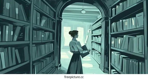 Woman Reading in a Library With Bookshelves