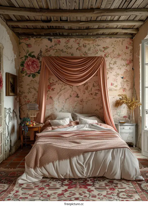 Vintage Bedroom with Floral Wallpaper and Drapes