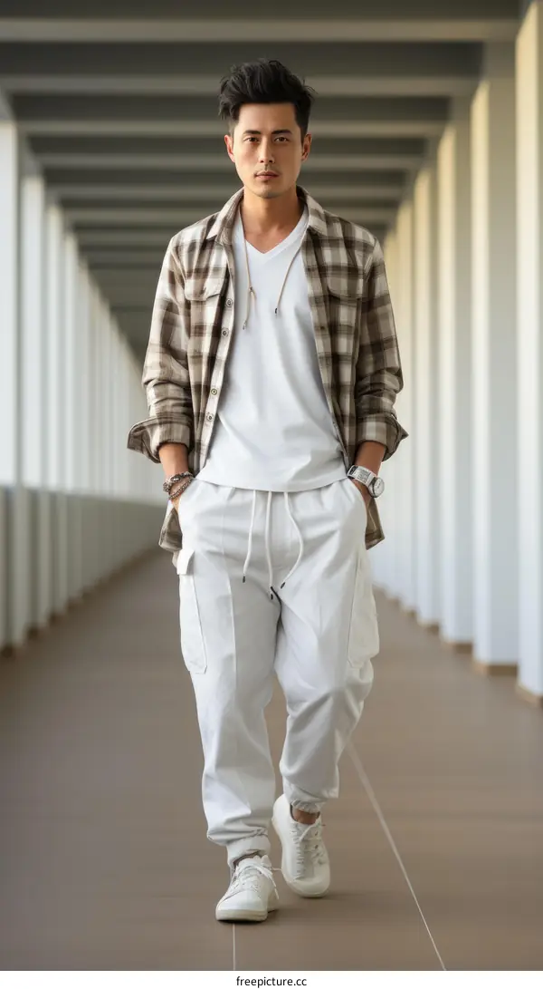 Asian man in casual outfit walking in a modern building