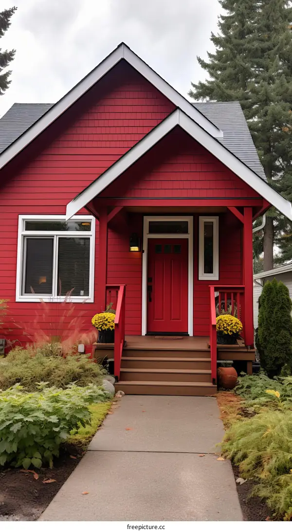 Charming Red Suburban House with White Door and Garden