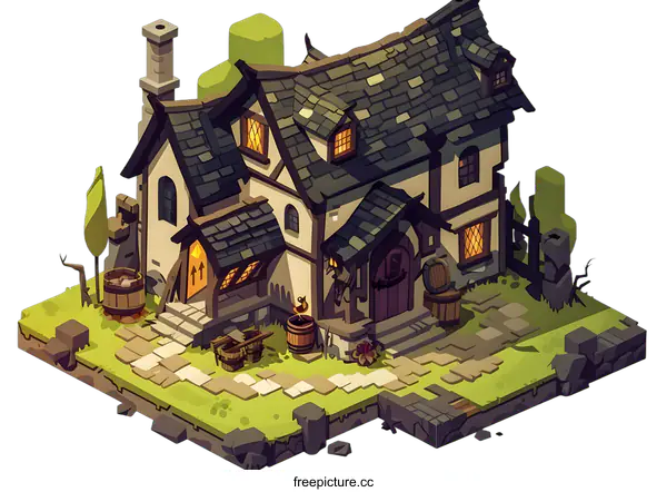 [Transparent Background PNG]Isometric Illustration Of A Small Medieval House