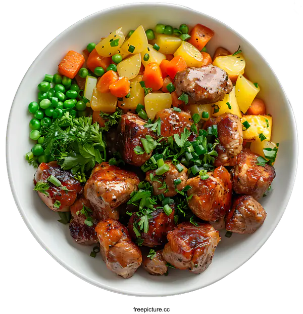 [Transparent Background PNG]A plate of delicious food with meat, potatoes, carrots, and peas