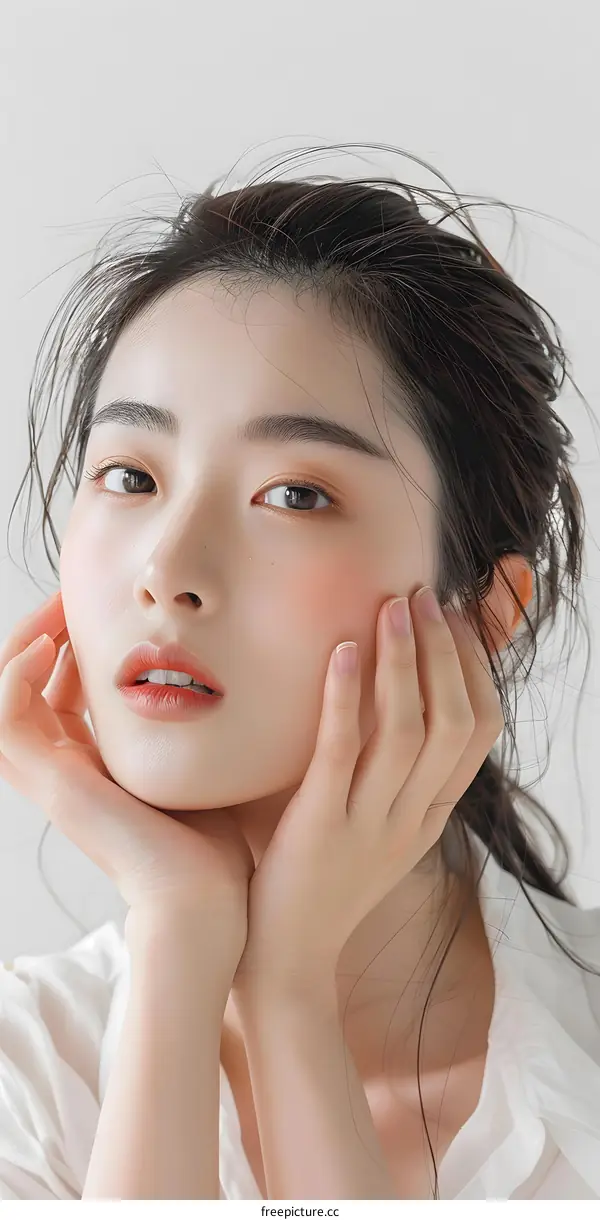 Beautiful Asian Woman with Long Hair Posing with Her Hands on Her Chin