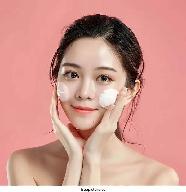 Beautiful Asian Woman Applying Face Mask on Pink Background