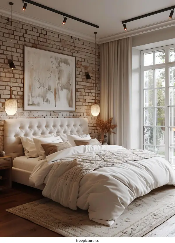 Cozy Bedroom with Brick Wall and Natural Light