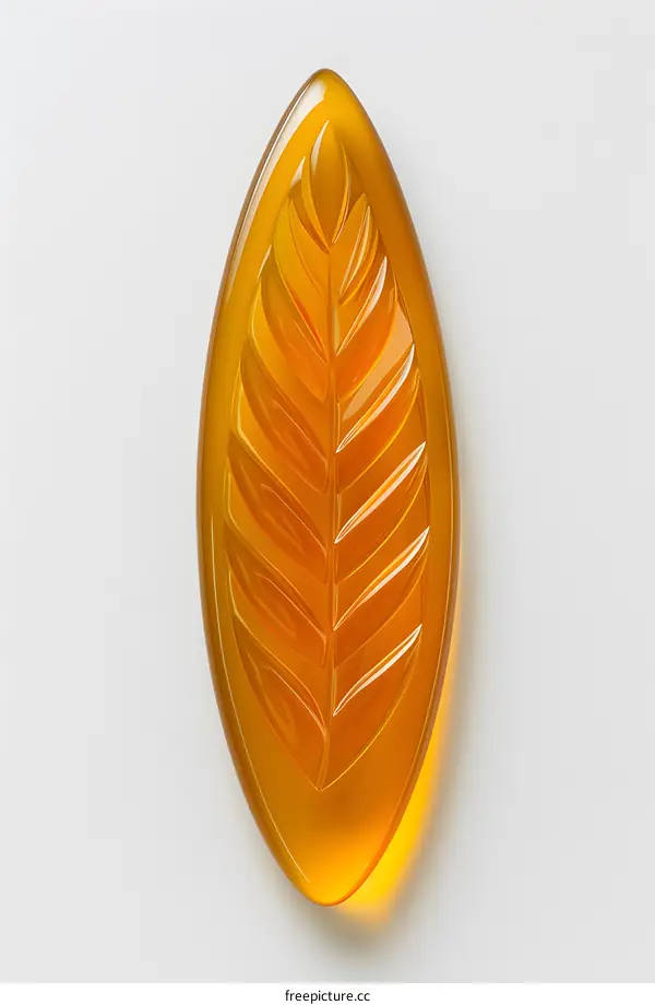 Amber glass leaf shaped decoration on white background