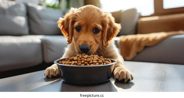 An adorable golden retriever puppy eating from a bowl