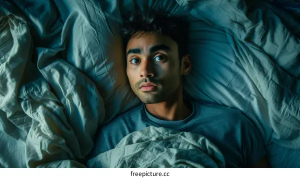 Young man lying in bed looking scared