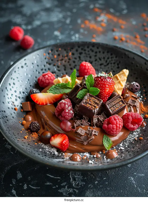 A decadent dessert with chocolate, raspberries, strawberries and cream