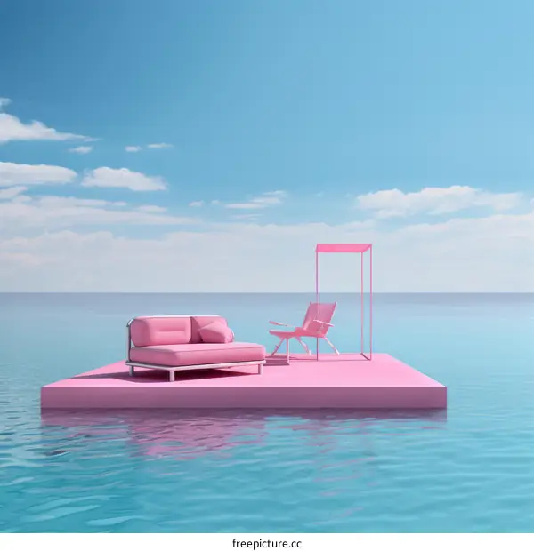 Pink surreal seascape with floating pink furniture