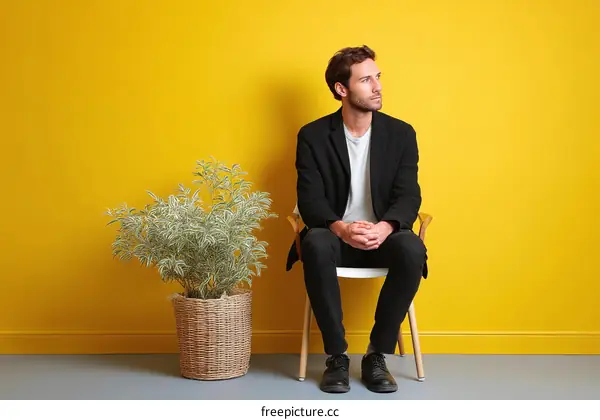 Man Sitting in Chair Against Yellow Wall