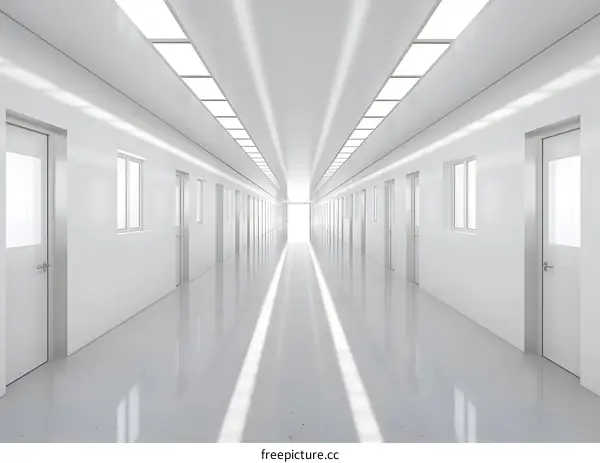 Long White Corridor with Doors and Windows Leading to Light at End