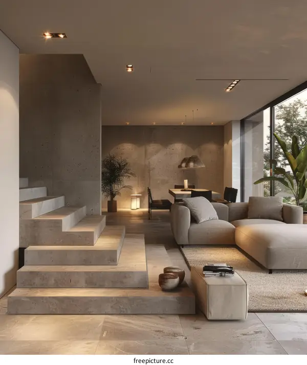Modern Minimalist Home Interior Design Living Room with Stairs and Plants