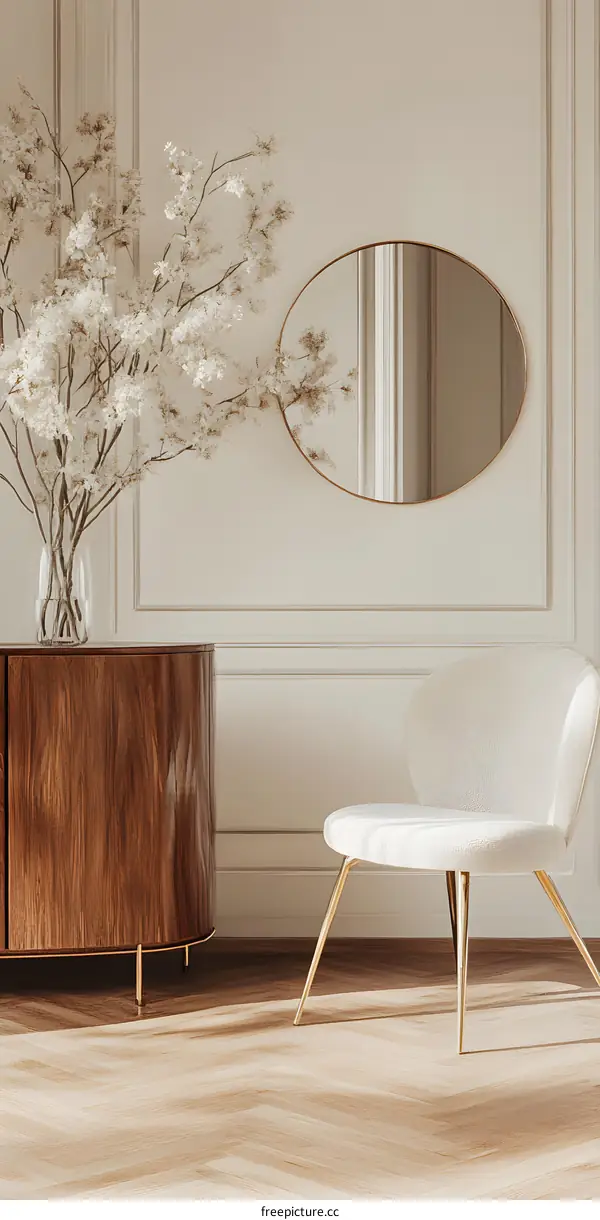 Minimalist Interior Design with White Flowers, Oval Mirror, Wooden Cabinet, and White Chair