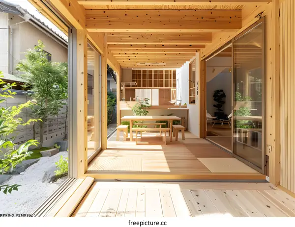 Modern Wooden House Interior Design With Sliding Doors And Garden View