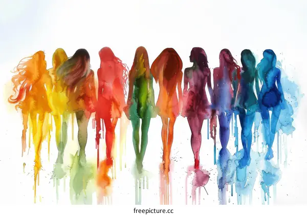 A group of watercolor women in different colors