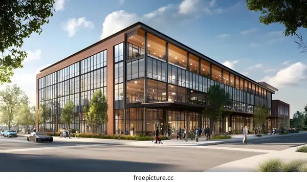 Modern Brick Building with Glass Windows and People Walking in Front