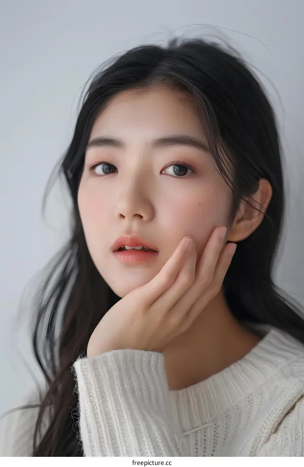 Closeup Portrait of a Young Asian Woman with Long Black Hair Wearing a White Sweater