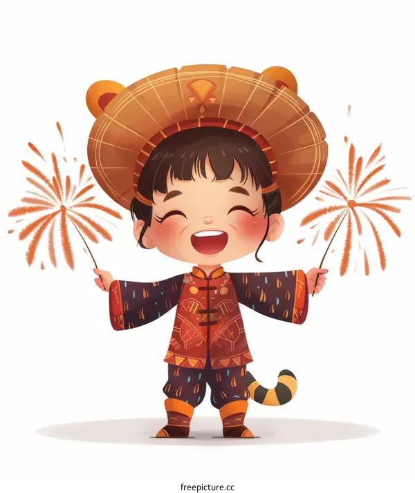 A cute cartoon girl in a tiger hat holding firecrackers