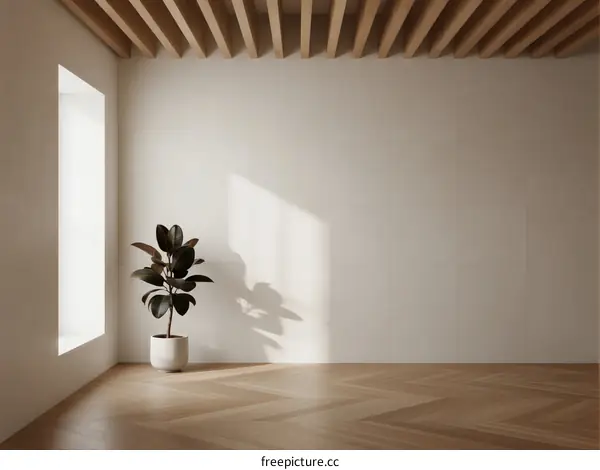 Modern empty room with wooden flooring and a single plant near a window