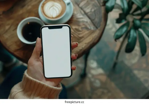 A woman holding a smartphone with coffee cups on the table
