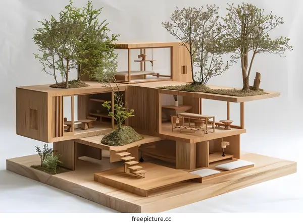 Wooden model house with trees on top