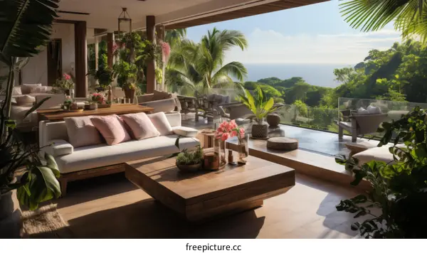 Modern tropical living room with amazing sea view