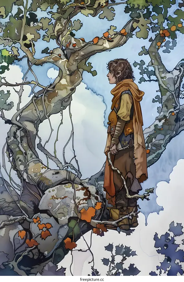 Fantasy Illustration of a Person Standing on a Tree Branch