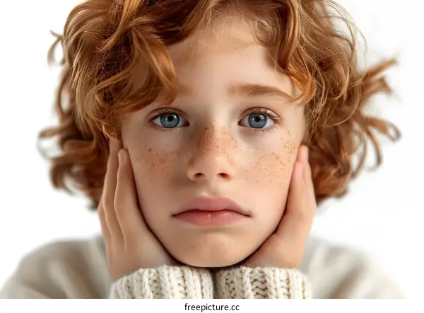 Close up portrait of a young boy with freckles and curly red hair