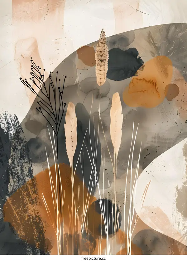 Abstract Watercolor Painting of Dried Flowers in Neutral Colors