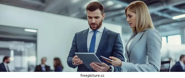 Two Business People in Office Using Tablet