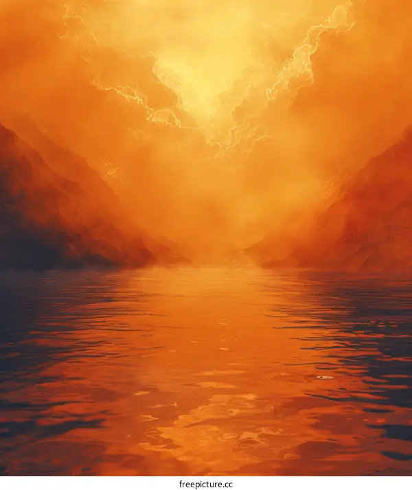 Fantasy landscape with a lake and mountains in the background