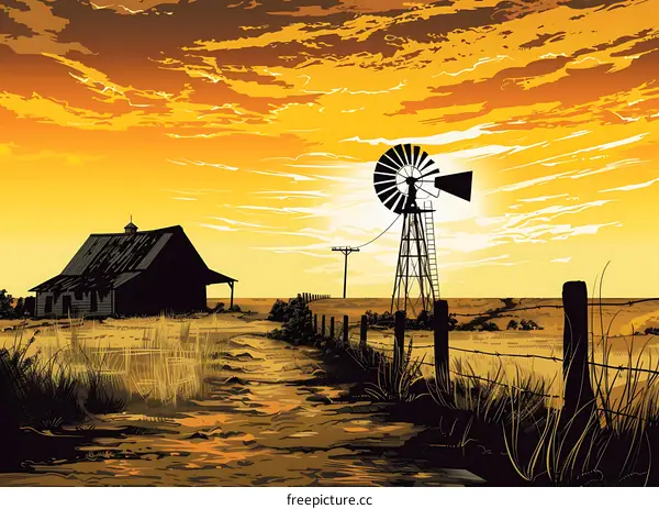 Rural Sunset Landscape With Barn And Windmill