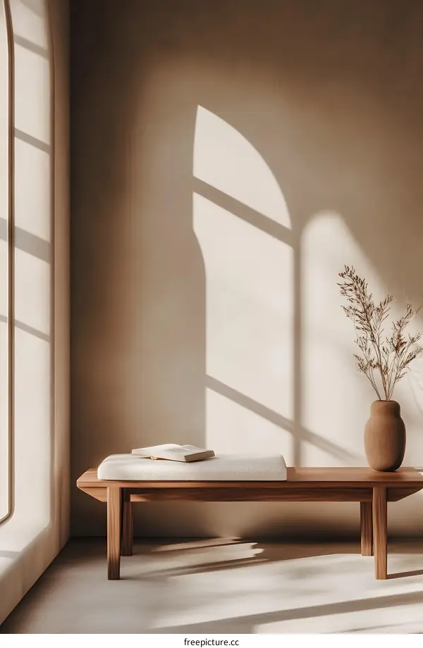 Minimalist Living Room Design with Wooden Bench and Natural Light