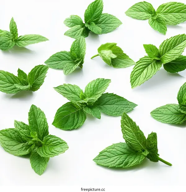 Fresh Mint Leaves Pattern on White Background