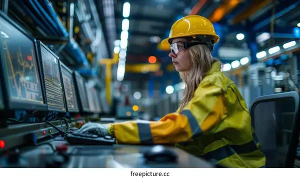 Industrial Engineer Working on Computer at Metal Manufacture Factory