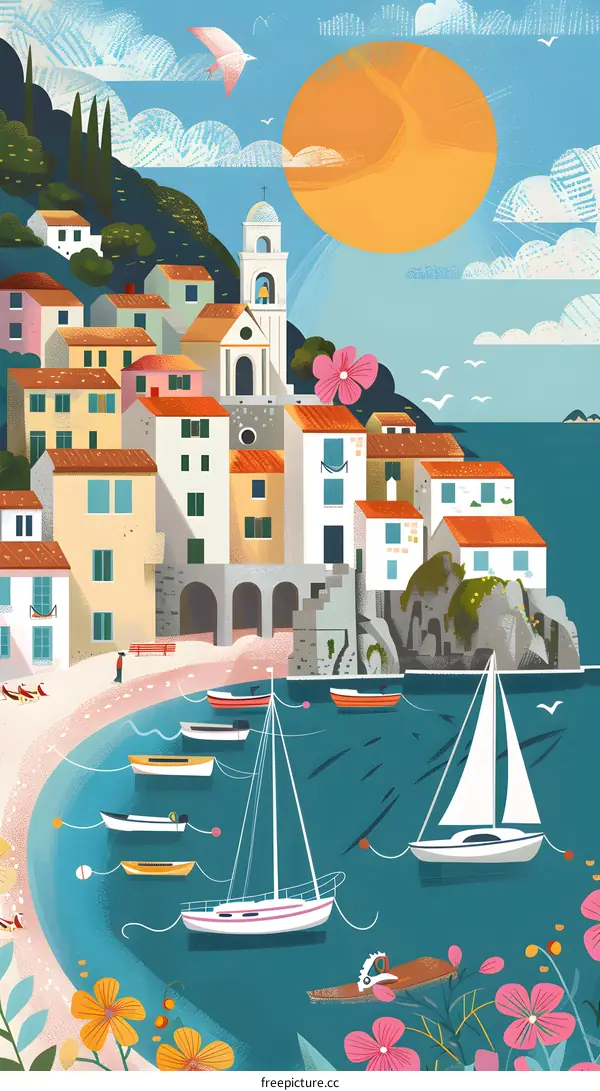 Colorful Seaside Town Illustration with Sun and Boats