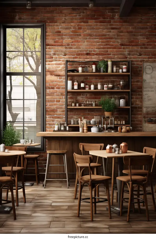 Cozy Coffee Shop with Brick Walls and Warm Ambiance