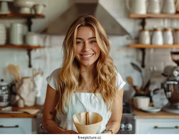 Portrait of a Smiling Blonde Woman in a Kitchen