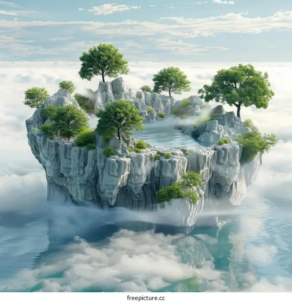 Fantasy Floating Island with Trees and Pond