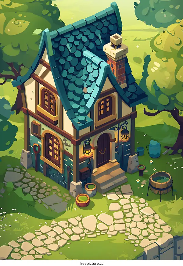 Cute Cartoon Illustration of a Small House with Green Roof